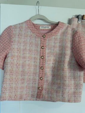 Amanda Uprichard Pink Tweed Short Sleeve Cropped Cardigan